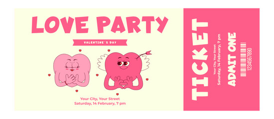 Colorful vintage love party ticket. Cute couple hearts character in retro groovy style. Details events, barcode, date and time. Valentines day, February 14. Flat vector illustration