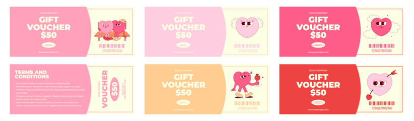 Colorful love gift voucher template set. Cute hearts character in retro groovy style. Offer details, barcode and other information. Flat vector illustration on white background