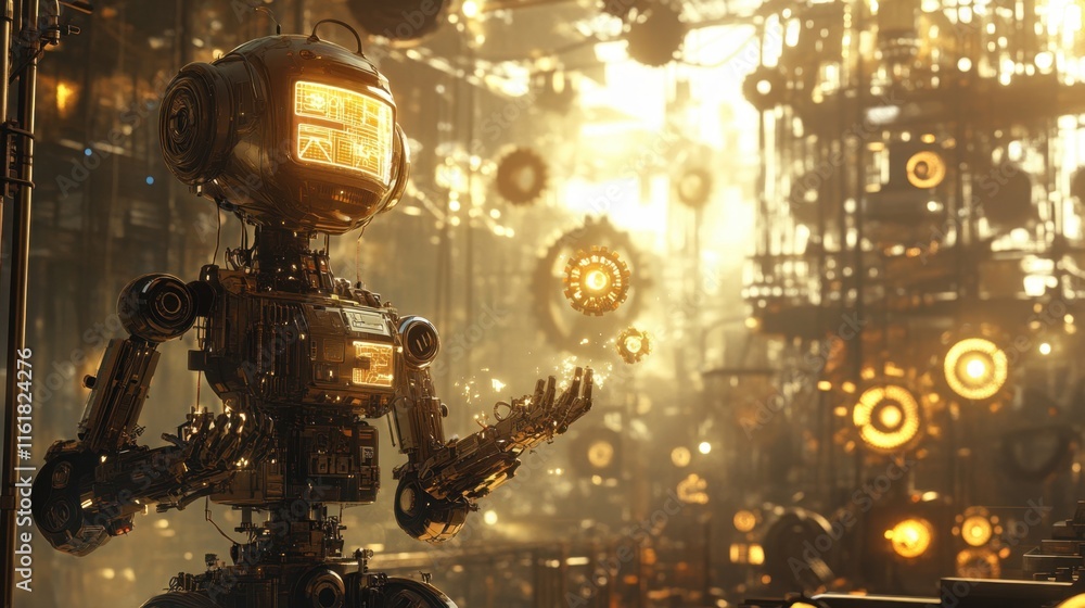 Poster futuristic robot in a steampunk workshop surrounded by gears