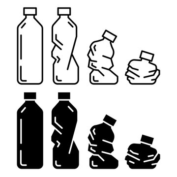 Set plastic bottle icon vector in thin line and flat style with editable stroke on white background. Dented plastic bottles icons set. Vector illustration