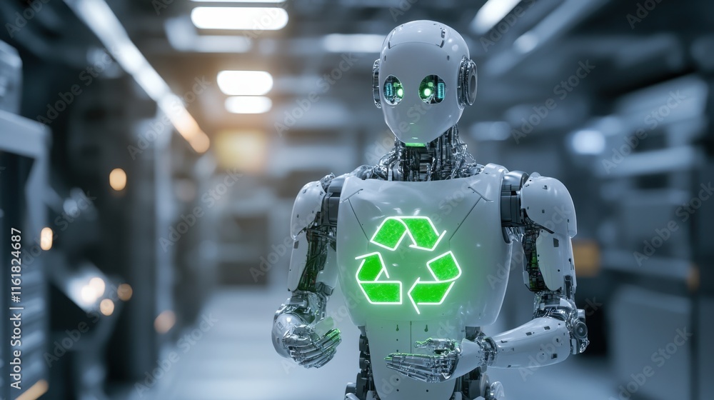 Poster futuristic robot with recycling symbol in high-tech environment