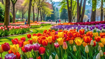 Vibrant tulip flowers blooming in a lush green garden at Emirgan Tulip Festival, Istanbul, tulips, colorful