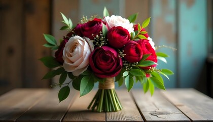 Wedding bouquets with a modern design, incorporating greenery, burgundy red and white peonies, and blush roses.