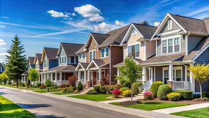 Suburban neighborhood with identical houses in a row, subdivision, residential, architecture, symmetry, community