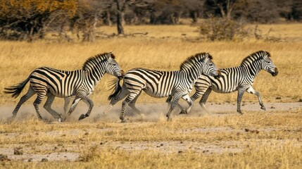 Obraz premium A group of zebras running across a plain.