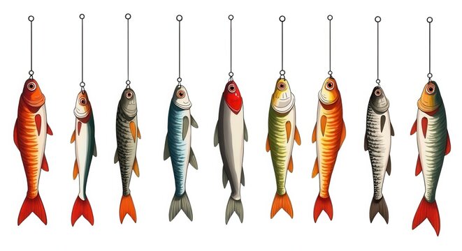 Vibrant Fish Illustration with a Collection of Hanging Fishes on Hooks for Fishing-Themed Designs and Decoration
