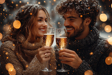 Diverse Couple Toasting with Champagne in Festive New Year's Eve Setting