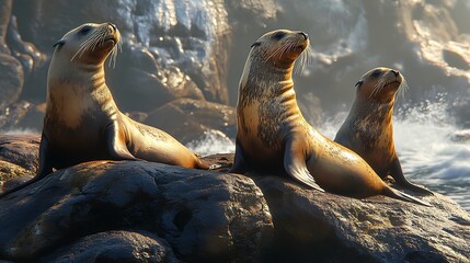 Obraz premium Majestic Sea Lions Basking in the Golden Hour Sunlight on Rocky Coastline