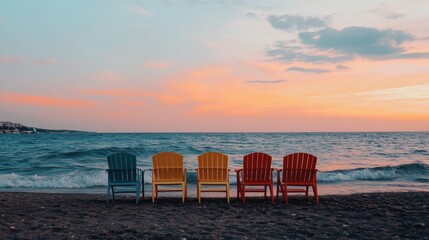 Obraz premium Colorful Chairs on Beach with Vibrant Sunset Over Calm Ocean