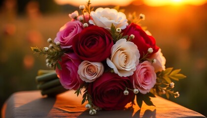 Obraz premium Wedding bouquets with a modern design, incorporating greenery, burgundy red and white peonies, and blush roses.