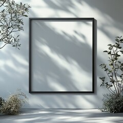 [Simple Black Square Picture Frame] Minimalist Black Frame Against White Background with Natural Elements Under Warm Sunlight
