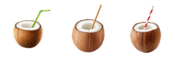 Fresh coconut drinks with straws, tropical vibes, refreshing and natural