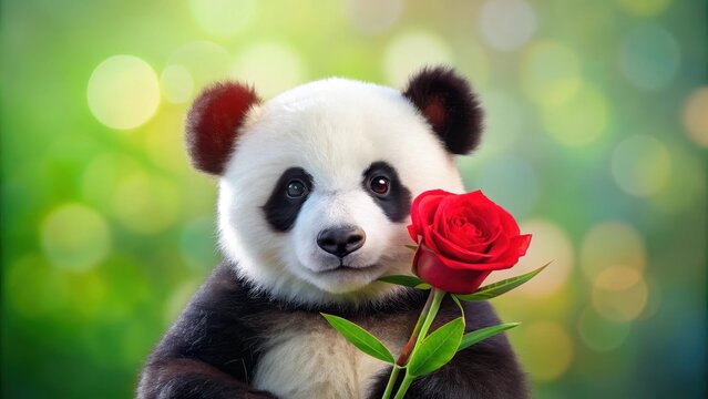 A cute panda bear holding a vibrant red rose, panda bear, red rose, cute, adorable, wildlife, animal, flora