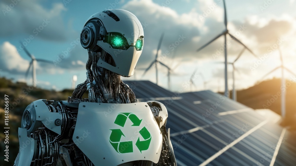 Poster futuristic robot with solar panels and wind turbines in background