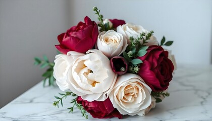 Obraz premium Wedding bouquets with a modern design, incorporating greenery, burgundy red and white peonies, and blush roses.