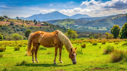 Fototapeta premium Horse grazing in Cuautitlan Izcalli, Mexico, horse, grazing, pasture, animal, Cuautitlan Izcalli, Mexico, farm, rural