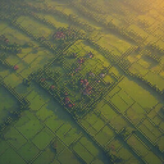 Fototapeta premium Stunning pixel art of a vibrant green field adorned with red flowers from above.
