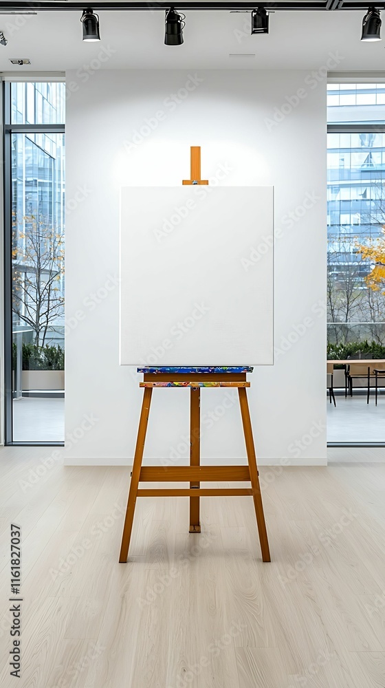 Poster a blank canvas on an easel stands in a bright, modern gallery space with large windows and a minimal