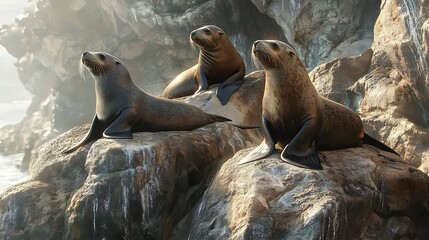 Obraz premium Majestic Sea Lions Basking in the Morning Sun on Rocky Coastline