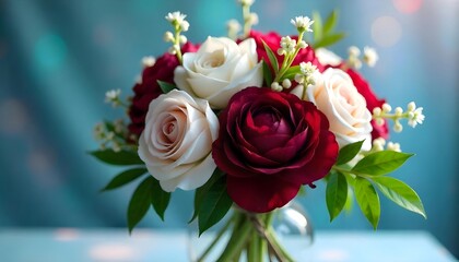 Fototapeta premium Wedding bouquets with a modern design, incorporating greenery, burgundy red and white peonies, and blush roses.