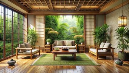 Obraz premium Traditional Asian-inspired living room with a natural bamboo mat floor, surrounded by lush greenery and ornate wooden furniture, indoor plants, wood furniture