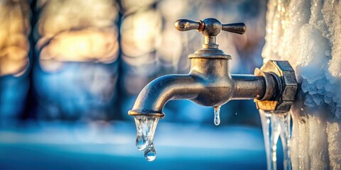 Ice covered spigot with dripping water frozen in ice, frozen liquid, icicles,  frozen liquid