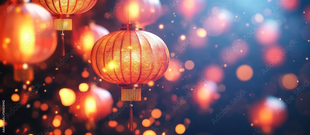 Poster illuminated red lanterns glowing in dark background with bokeh lights.