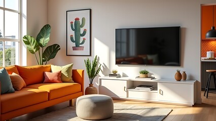 Mid century, scandinavian interior design of modern living room with colorful multicolored furniture.