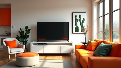 Mid century, scandinavian interior design of modern living room with colorful multicolored furniture.