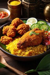 A lavish 3D representation of nasi kuning, golden turmeric rice with side dishes like fried chicken, sambal, and tempeh.