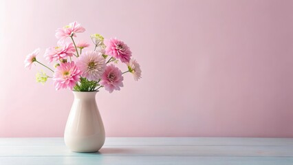 Naklejka premium A delicate pink flower arrangement in a minimalist vase with soft focus, pastel colors