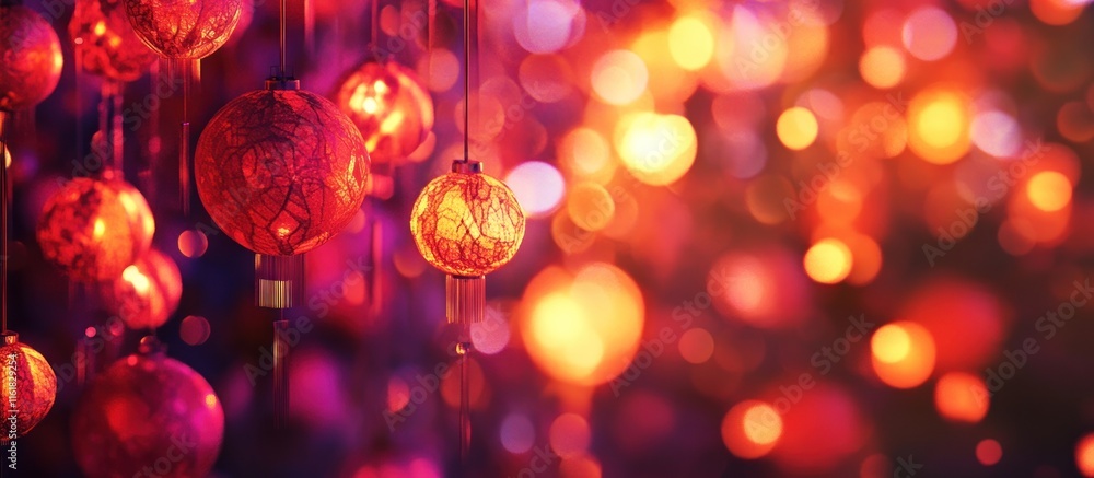 Poster glowing red lanterns hanging with bokeh lights in the background.