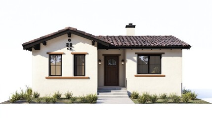 Exterior view of a single-story stucco house with a terracotta tile roof, dark brown wood accents, and landscaping.
