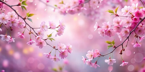 Fototapeta premium Soft pink sakura petals gently floating in a serene background with delicate branches and leaves , #softfocus