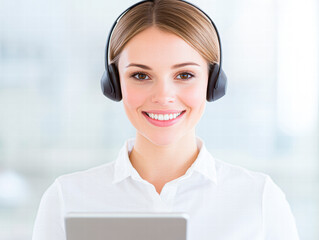 Virtual office portrait engaging customer support rep in a modern professional setting