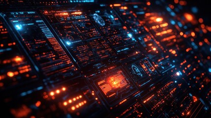 Futuristic digital interface with glowing data streams.