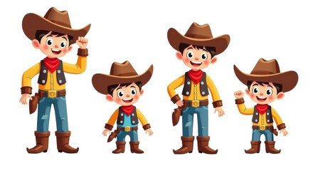 Cowboy Characters Illustration Collection in Colorful Cartoon Style - Set of Happy Cowboys for Children's Entertainment and Design Projects