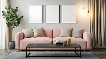 Pink sofa in modern living room with three blank frames, coffee table, and plants.