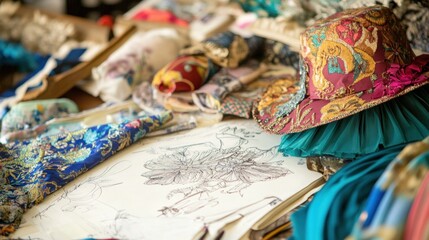 Fototapeta premium A cluttered designer's work table showcasing fabrics, a hat, and a design sketch.