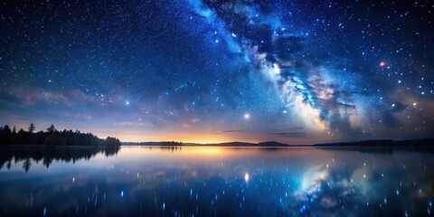 A serene and peaceful night landscape with a vast expanse of stars twinkling above a calm lake or ocean, serene