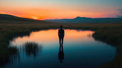 Fototapeta premium Solitary figure silhouetted against a vibrant sunset reflected in a still pond.