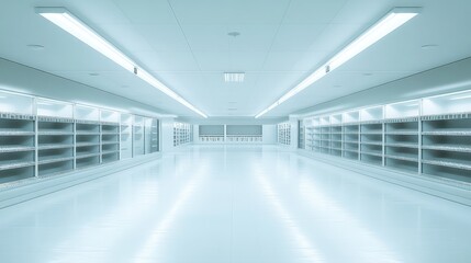 Bright and Modern Empty Supermarket Aisle with White Shelving Units