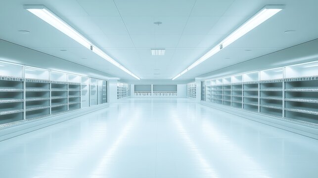 Bright and Modern Empty Supermarket Aisle with White Shelving Units