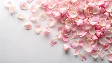 Pastel pink rose petals scattered on a white background, rose details
