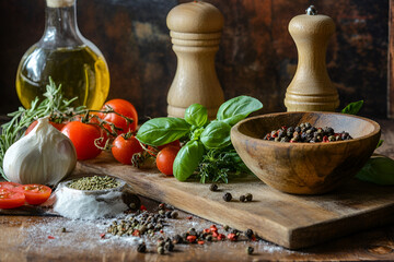 A vibrant arrangement of fresh ingredients including tomatoes, garlic, herbs, and spices, perfect for culinary creations.