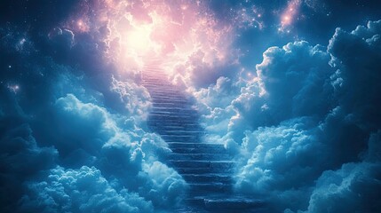 Obraz premium Stone staircase ascending through luminous clouds and stars towards a bright light.