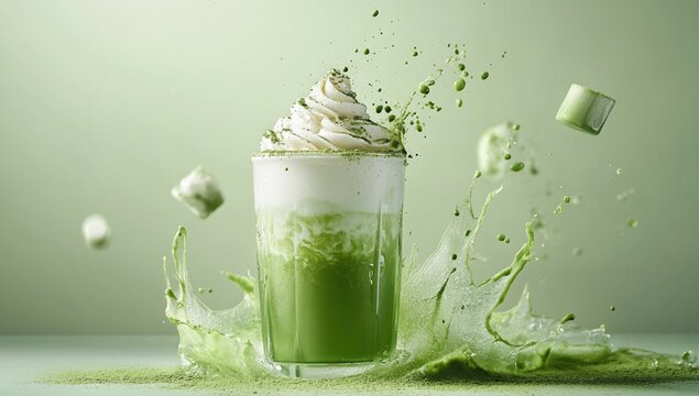 Refreshing Matcha Latte with Whipped Cream Splash