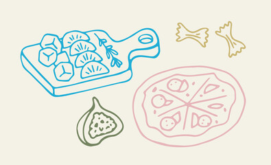Minimalist vector illustration featuring a cheese board, pizza, fig slice, and pasta shapes in pastel colors. Perfect for food-related designs or culinary projects