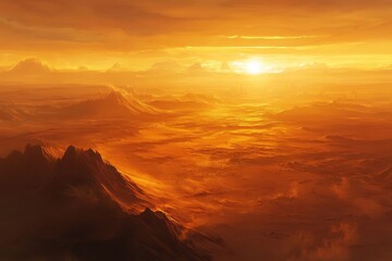 Naklejka premium A breathtaking sunset casts vibrant orange and yellow light over an expansive desert terrain, highlighting the contours of distant mountains and valleys under a dramatic sky.
