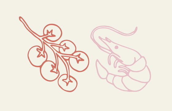 Minimalist vector illustration of cherry tomatoes on a vine and a shrimp in line art style. Ideal for seafood and vegetable-themed culinary projects